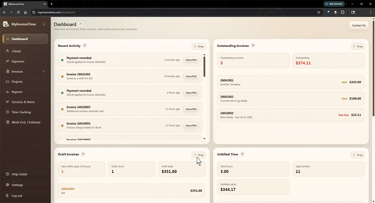Start from the Dashboard screen in MyInvoiceTime