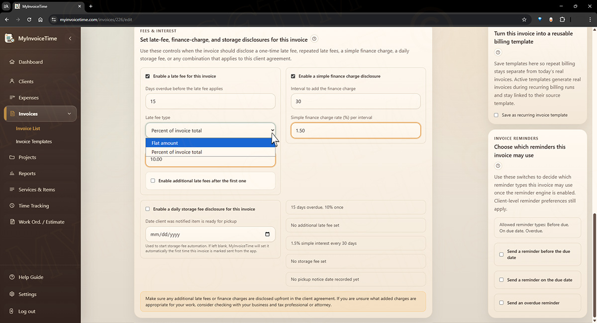 Add reminders and fee disclosures screen in MyInvoiceTime