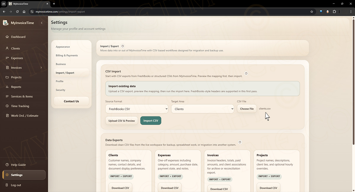 Settings to manage your account screen in MyInvoiceTime